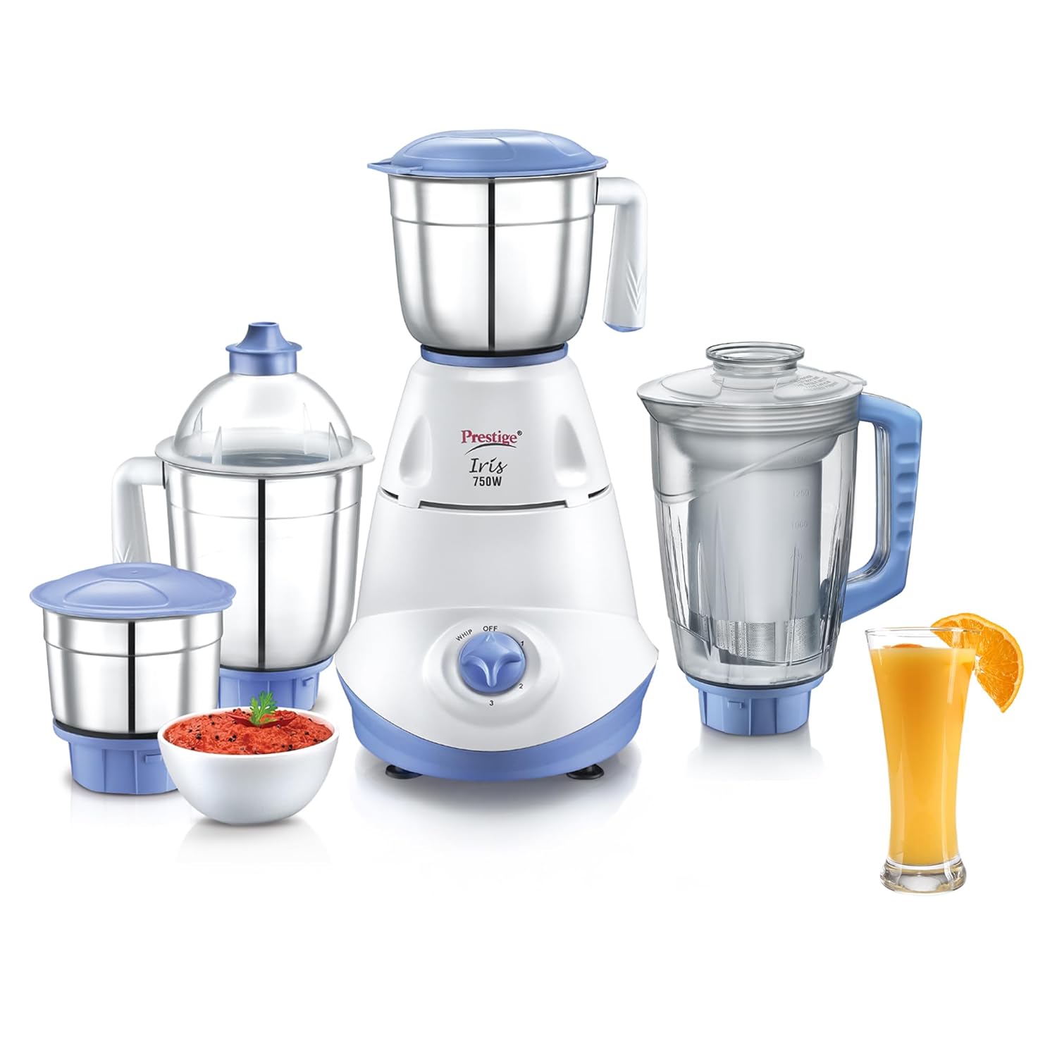 Prestige Iris 750 Watt Mixer Grinder (White and Blue)