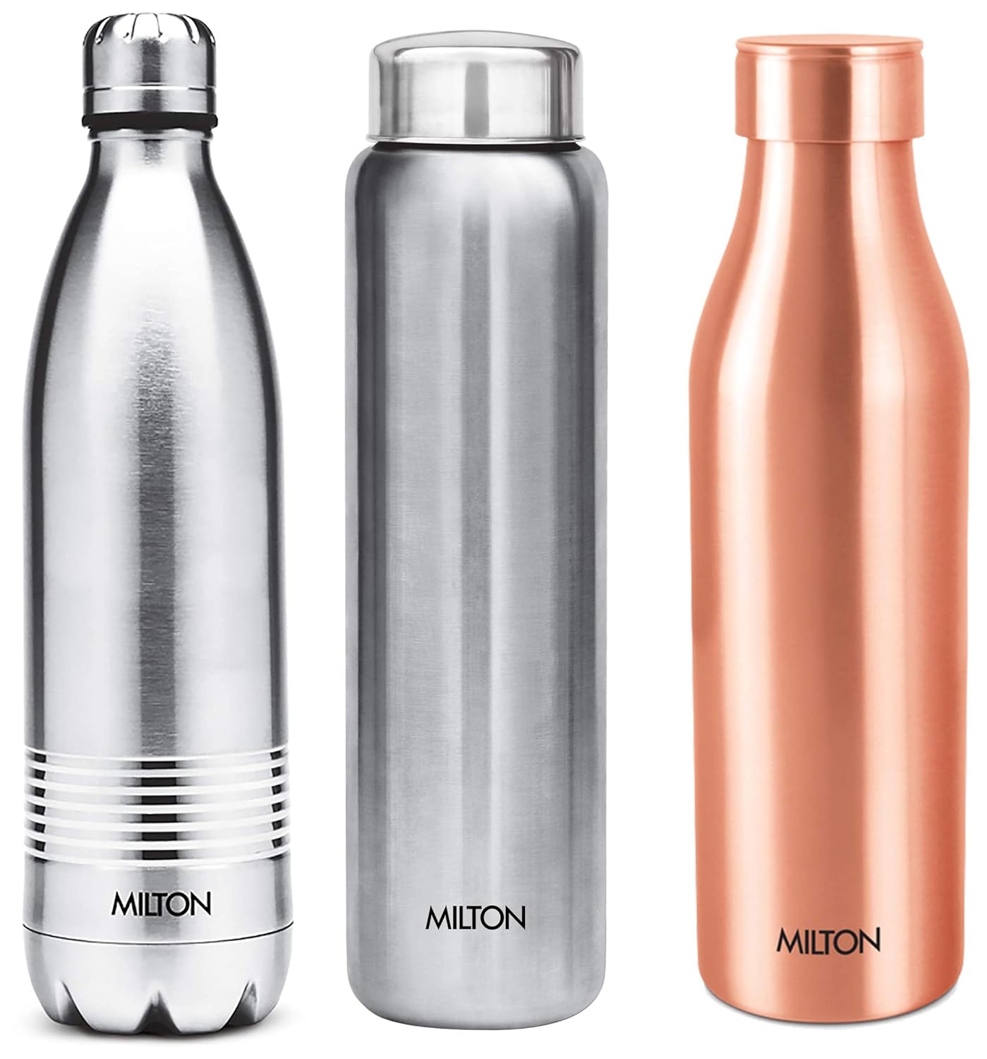 Milton 3-Piece Water Bottle Combo Pack (Duo DLX 750 + Aqua 1000 + Copper Charge 1000)